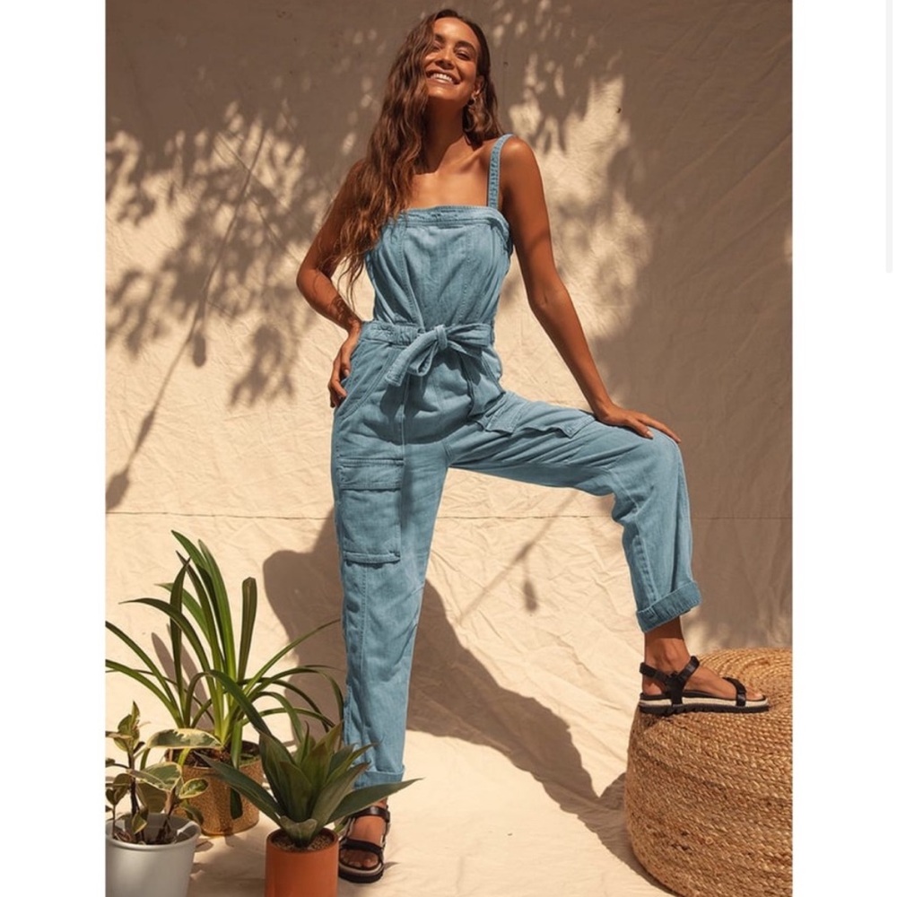 Free People Denim Cargo Jumpsuit